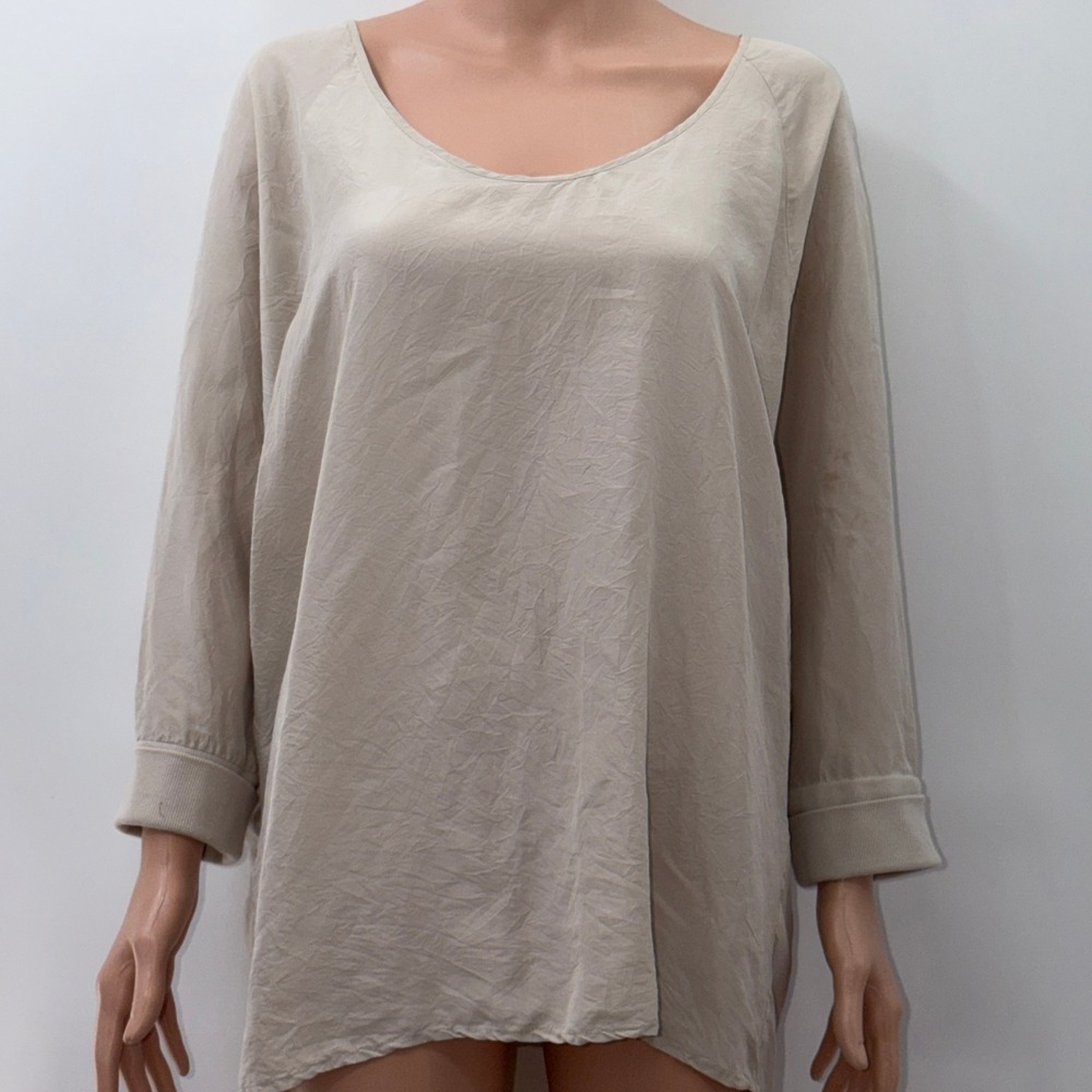 J. Jill Medium 100% Silk Tan Beige Long Sleeve Tunic Blouse Minimalist Luxury